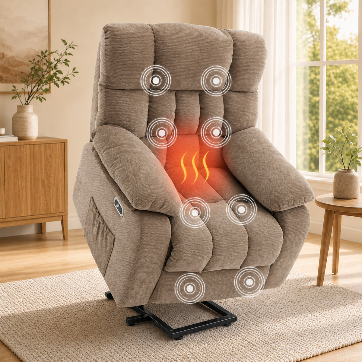 Plush Chenille Electric Lift 165° Recliner Armchair with 8-Point Massage & Heat – Khaki