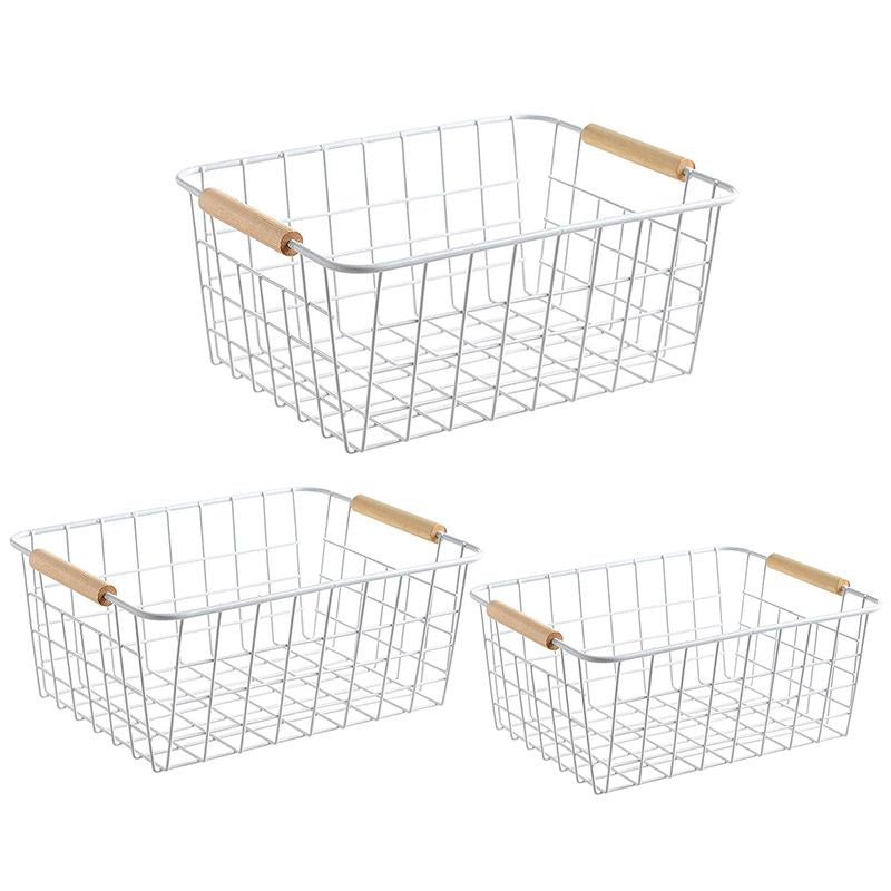3 Pack White Wire Storage Baskets with Wooden Handles Space General