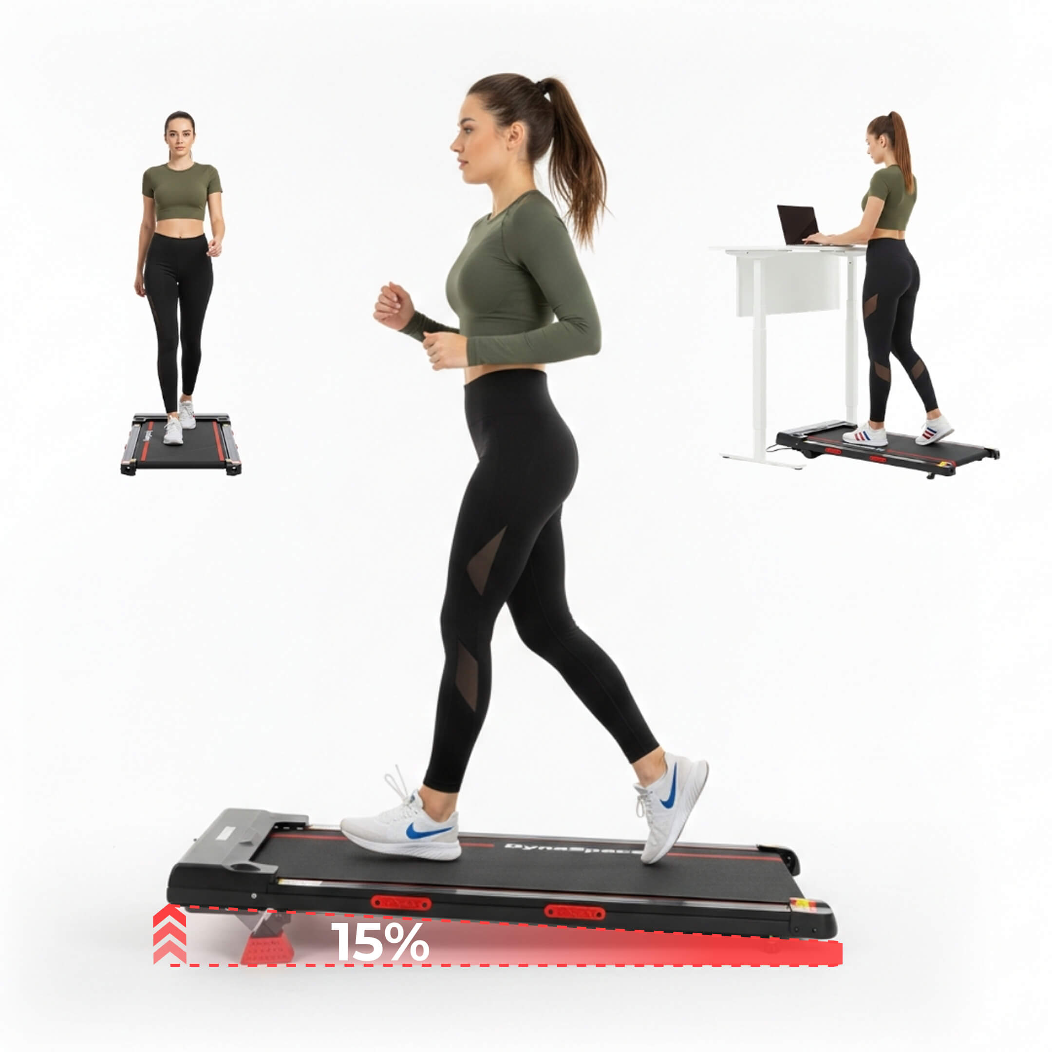 Woman using a treadmill with multiple angles displayed on a white background