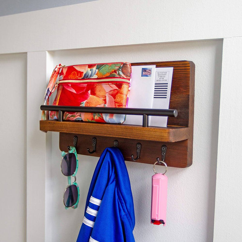 Wooden Wall Key Holder with 5 Hooks & Shelf