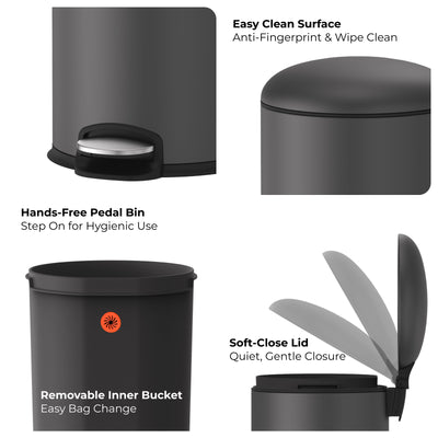 5L Rounded Pedal Rubbish Bin - Titanium Gray