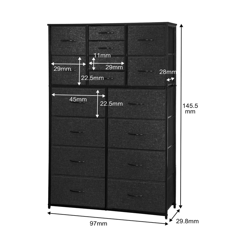 16 drawer storage chest in black with dimensions displayed