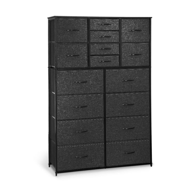 Front view of black 16 drawer storage chest