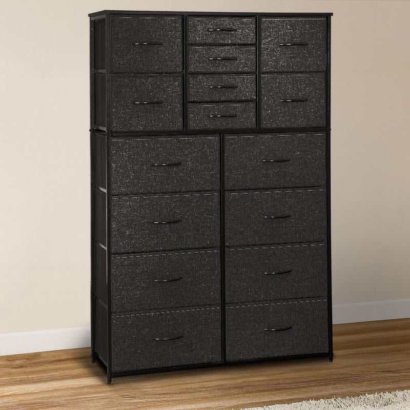 Alternate front angle of 16 drawer storage chest in black