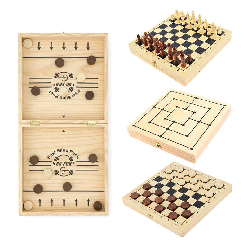 4-in-1 Game Set – Chess, Checkers, Noughts & Crosses, Sling Puck
