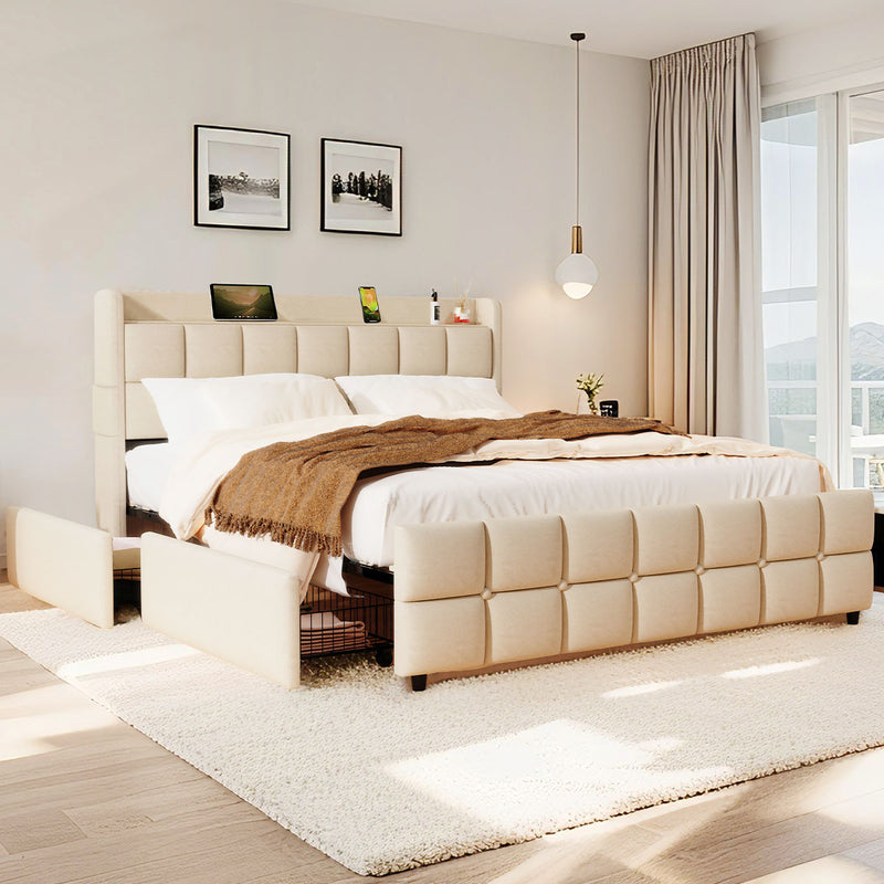 Phoenix Upholstered Fabric Storage Bed – Beige (Queen)