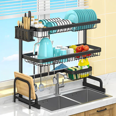 Over The Sink Dish Drying Rack 65cm Wide 3 Tier - Black