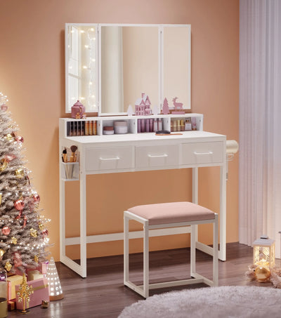 Tri-Fold Mirror Dressing Vanity Table with Stool and Drawers