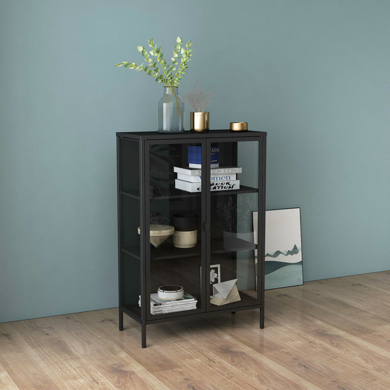 Ferro 3-Tier Tempered Glass Double Door Storage Rack - Black