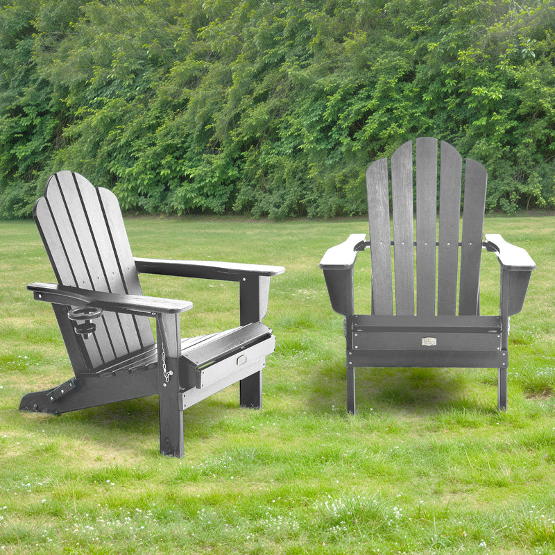 Lifestyle image of Adirondack Outdoor Chair with Cup Holder in Grey outdoors
