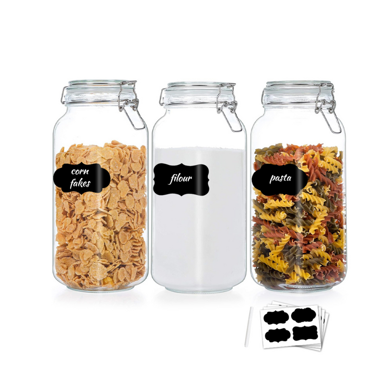 Front view of 3 Pack 2200ml Glass Food Storage Jars with Airtight Clamp Lids