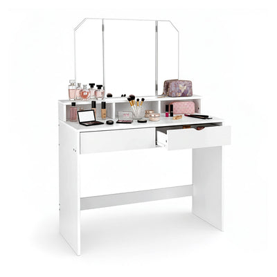 Dressing Table with Tri-Fold Mirror And Drawers