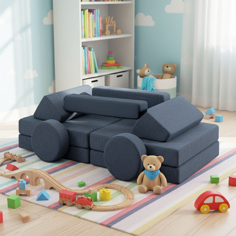 Modular Kids Play Couch – 14Pcs Convertible Sofa (Denim Blue)