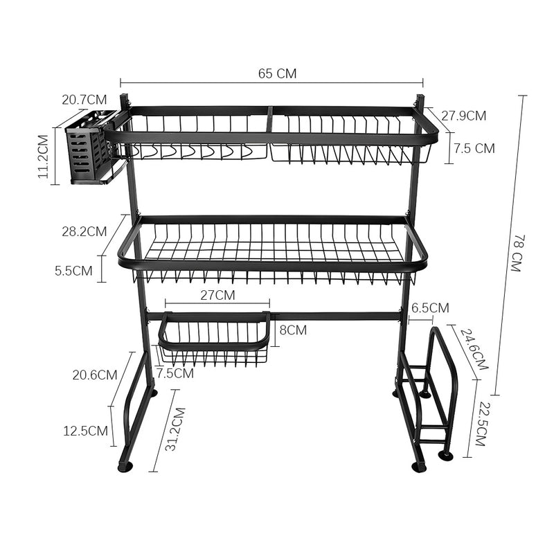 Over The Sink Dish Drying Rack 65cm Wide 3 Tier - Black