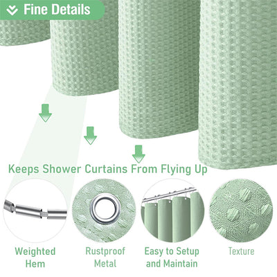 Long Shower Curtain with 12 Metal Hooks - Green