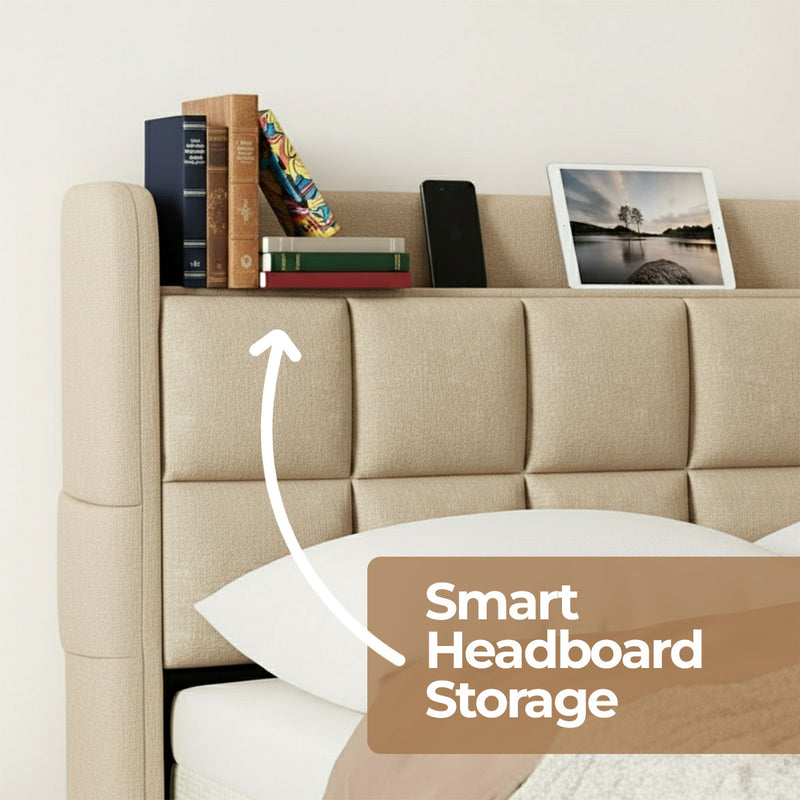 Phoenix Upholstered Fabric Storage Bed – Beige (Queen)