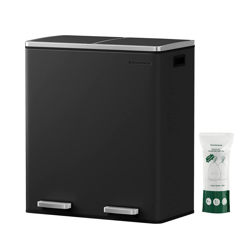 Dual 60 Liters Powder Coated Steel Rubbish Bin - Black