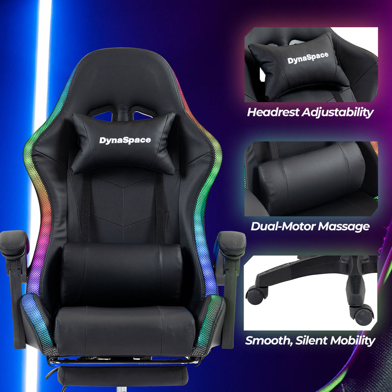 Vega LED Gaming Massage Office Chair With Footrest - Black