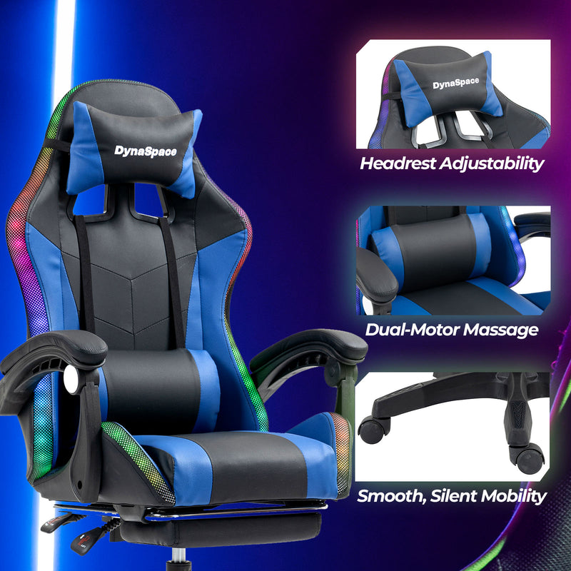 Vega LED Gaming Massage Office Chair With Footrest - Blue