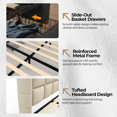 Phoenix Upholstered Fabric Storage Bed  – Beige (Double)