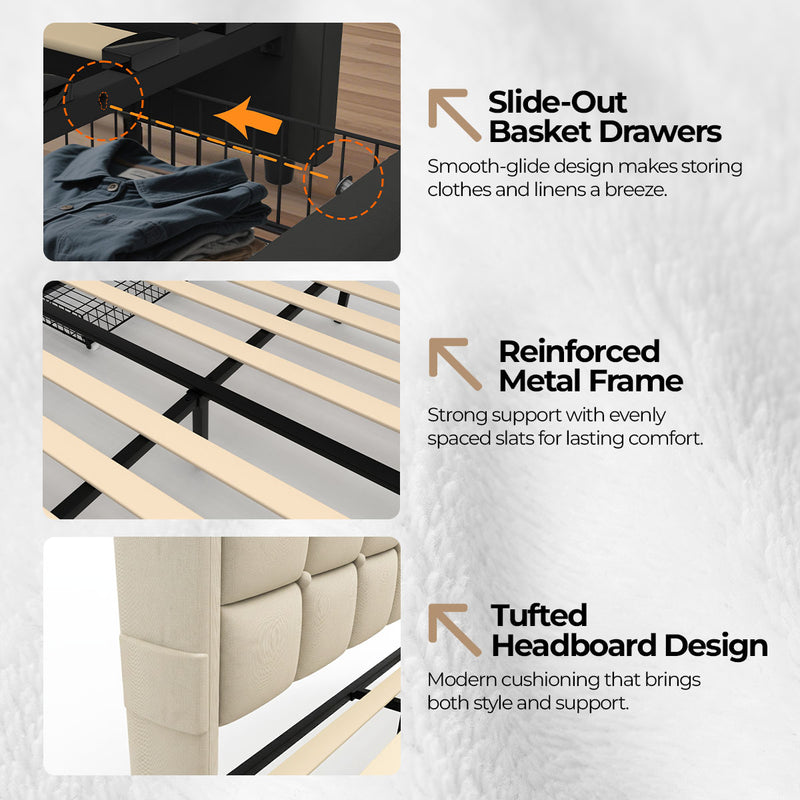 Phoenix Upholstered Fabric Storage Bed  – Beige (Double)