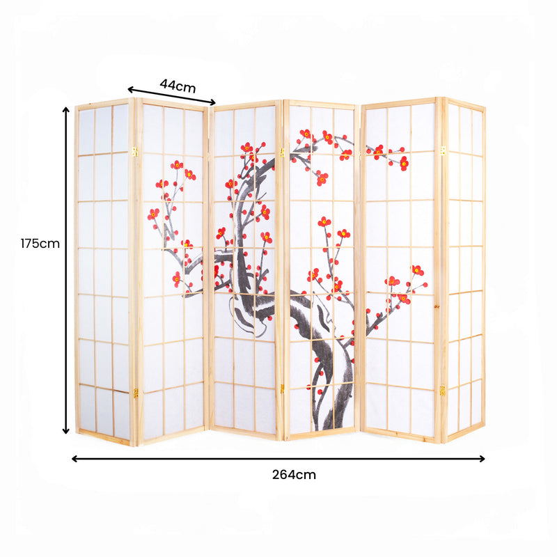 6-Panel Cherry Blossoms Hand-Painted Room Divider - Natural