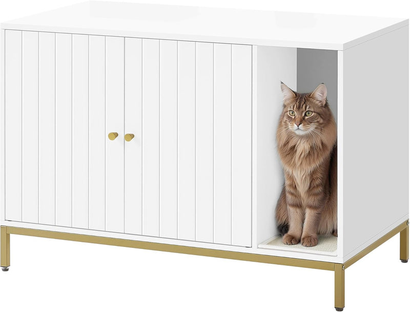 Cat Litter Box Cabinet with Scratching Mat – White & Gold