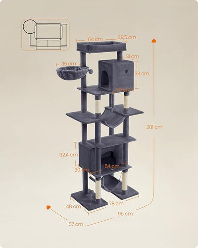 Cat Tree with Caves & Hammocks 200cm – Light Grey