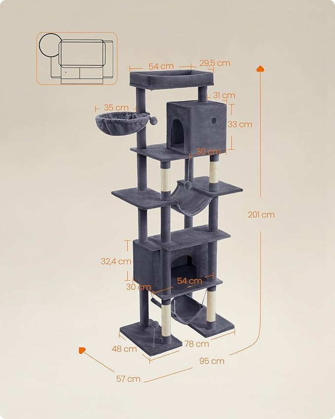 Cat Tree with Caves & Hammocks 200cm – Light Grey