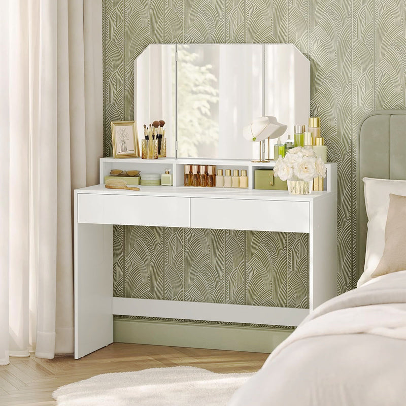 Dressing Table with Tri-Fold Mirror And Drawers