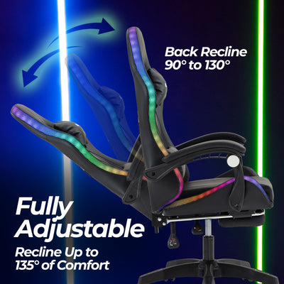 Vega LED Gaming Massage Office Chair With Footrest - Black