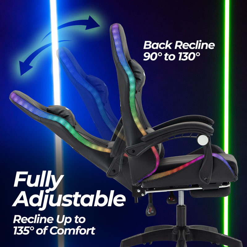 Vega LED Gaming Massage Office Chair With Footrest - Black