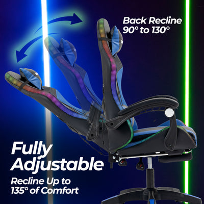 Vega LED Gaming Massage Office Chair With Footrest - Blue