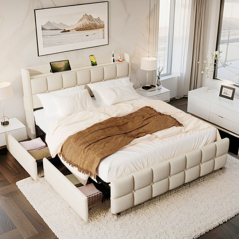 Phoenix Upholstered Fabric Storage Bed  – Beige (Double)