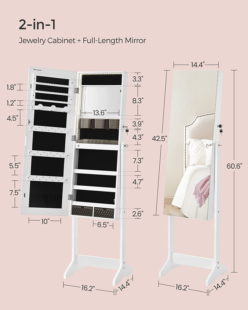 Standing Jewellery Cabinet With Frameless LED Lights - White