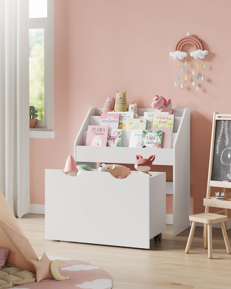 Kids’ Storage Bookcase – 3 Shelves with Rolling Toy Box