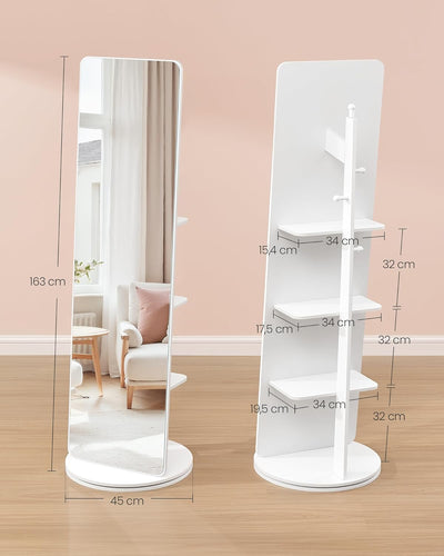 Standing Mirror with Shelves & Hooks – Cloud White