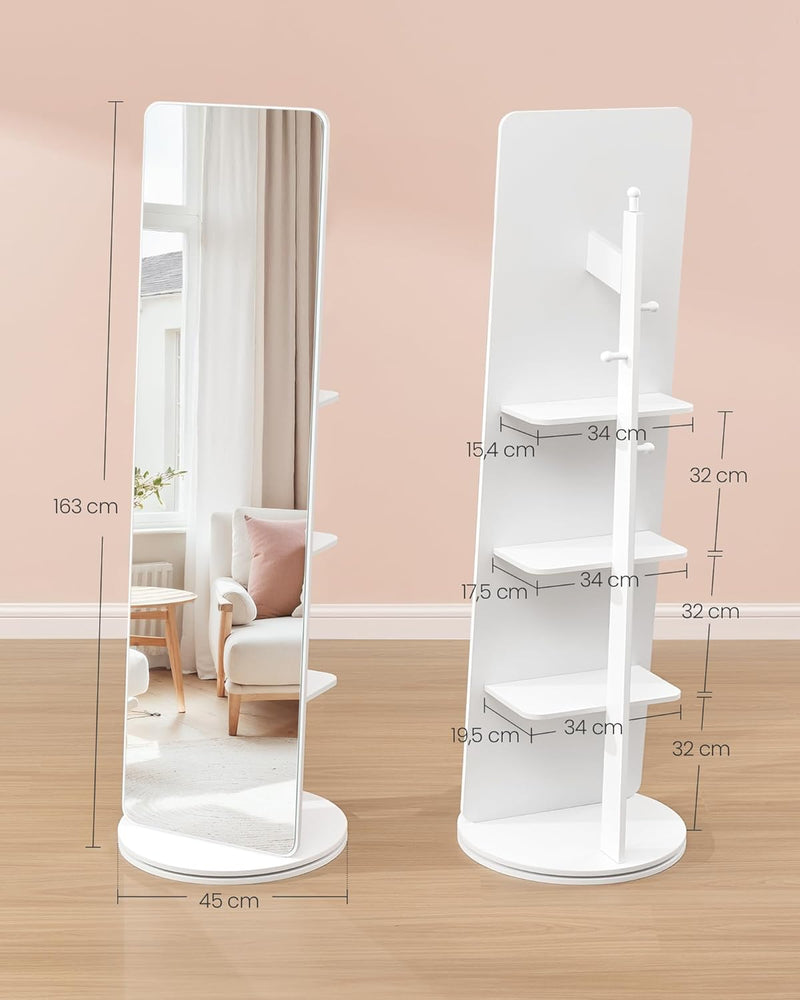 Standing Mirror with Shelves & Hooks – Cloud White