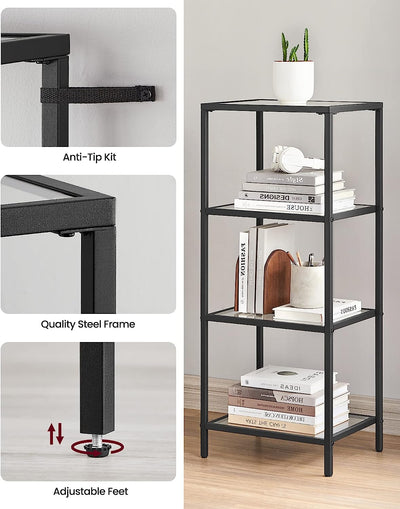 Vasagle Nyla 4 Tier Glass Bookshelf Storage Shelf - Black