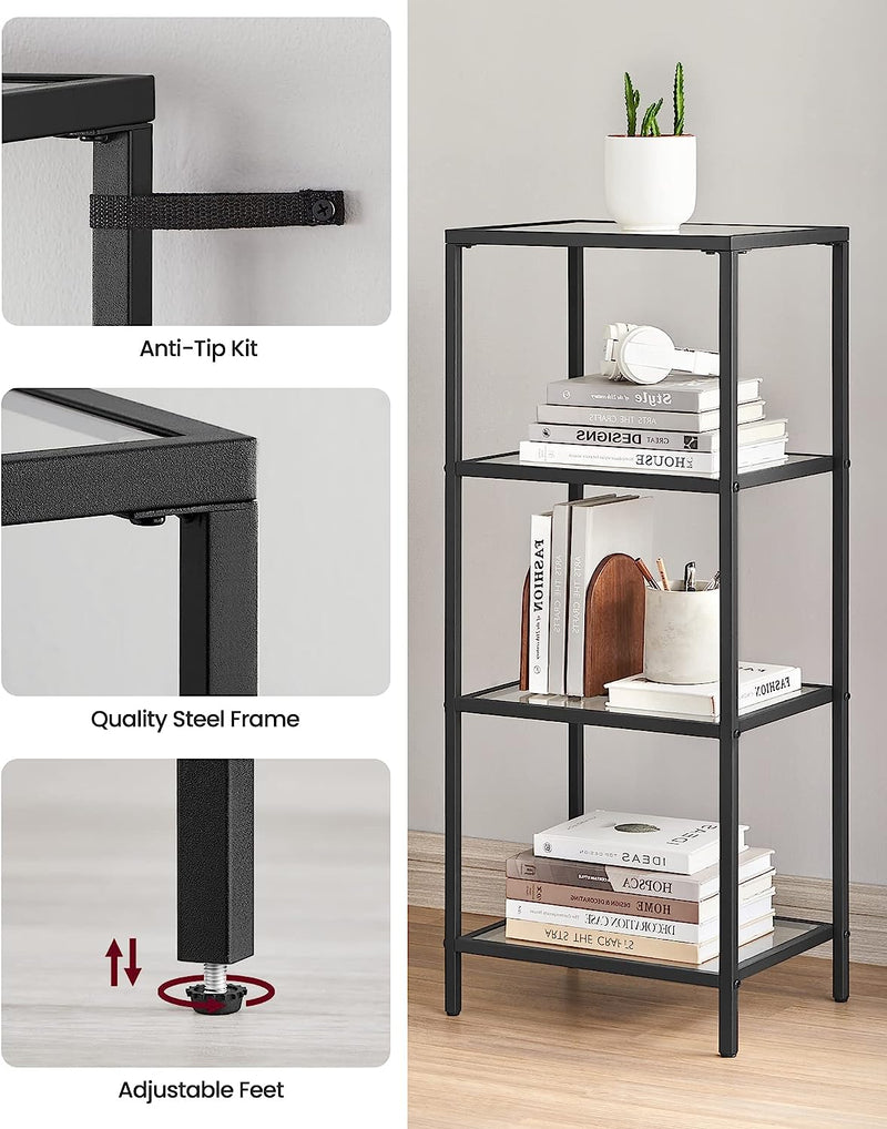 Vasagle Nyla 4 Tier Glass Bookshelf Storage Shelf - Black
