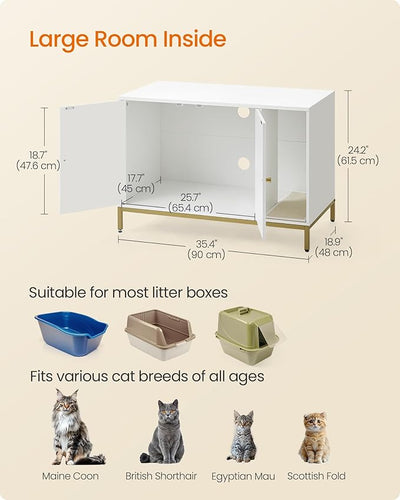 Cat Litter Box Cabinet with Scratching Mat – White & Gold