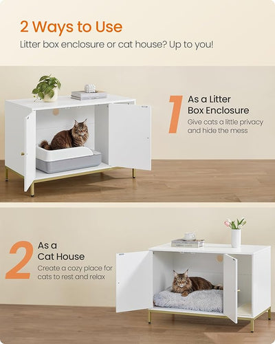 Cat Litter Box Cabinet with Scratching Mat – White & Gold