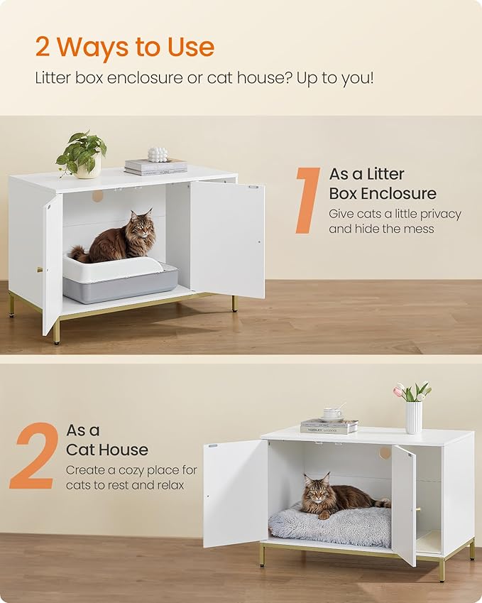 Cat Litter Box Cabinet with Scratching Mat – White & Gold