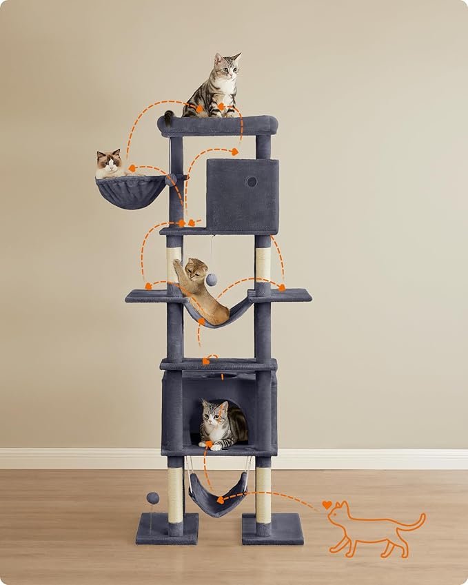 Cat Tree with Caves & Hammocks 200cm – Light Grey