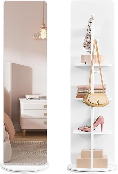 Standing Mirror with Shelves & Hooks – Cloud White