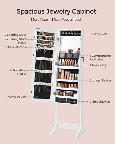 Standing Jewellery Cabinet With Frameless LED Lights - White