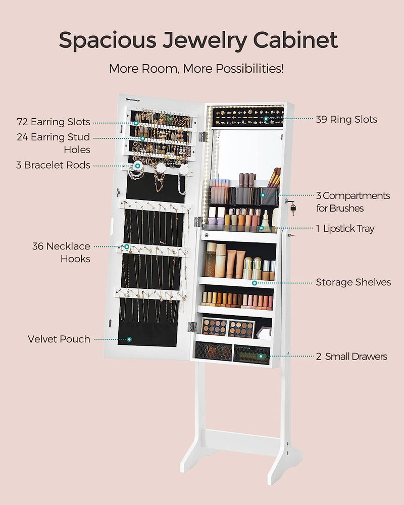 Standing Jewellery Cabinet With Frameless LED Lights - White