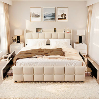 Phoenix Upholstered Fabric Storage Bed – Beige (Queen)