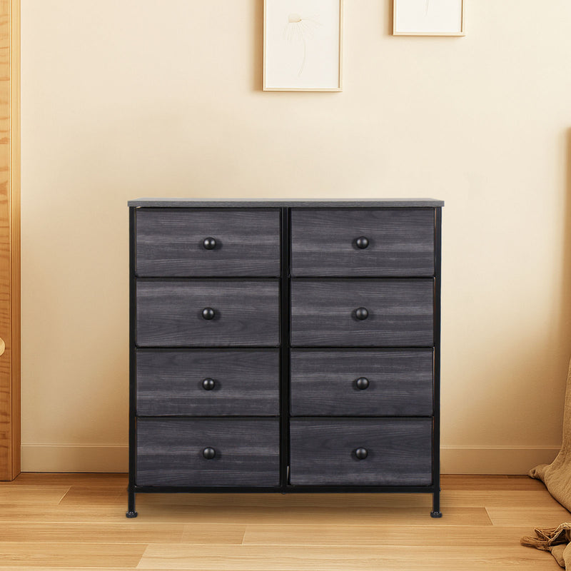Wide charcoal black dresser with eight drawers and wood top, perfect for NZ bedrooms and hallways.
