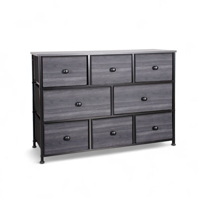 8-Drawer Fabric Dresser with wood top in charcoal black – a spacious and stylish storage solution for NZ homes.